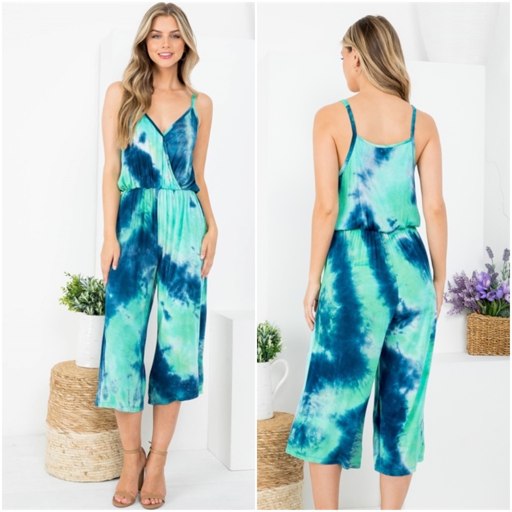 MINT NAVY TIE DYE SPAGHETTI STRAPS SURPLICE FRONT SQUARE LEG JUMPSUIT